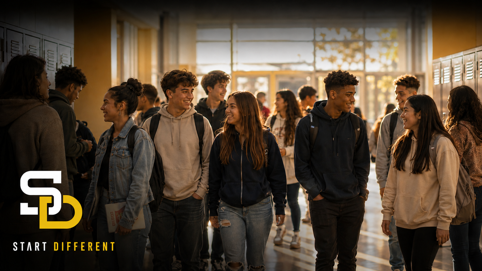Diverse group of students walking together in a school hallway
